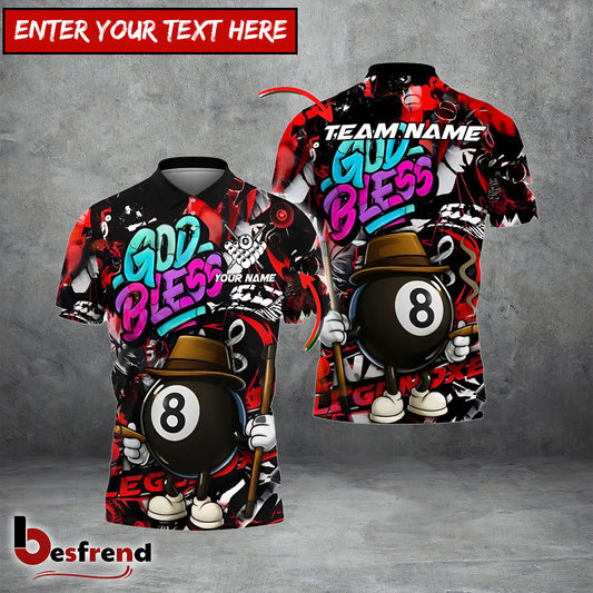 Besfrend  Billiards 8-Ball God Bless Street Style Personalized Name Shirt 4 Colors