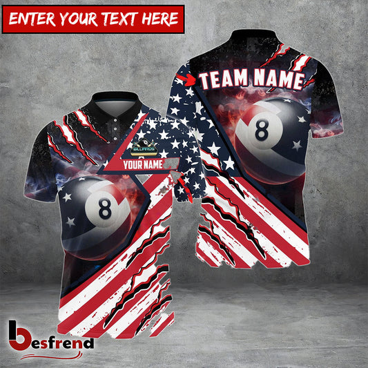 Besfrend  Billiards 8 Ball American Flag Patriot Personalized Name Team Name Shirt