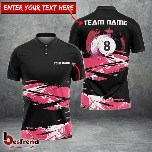 Besfrend  Billiards 8 Ball Black and Pink Customized Name Team Name Unisex Shirt
