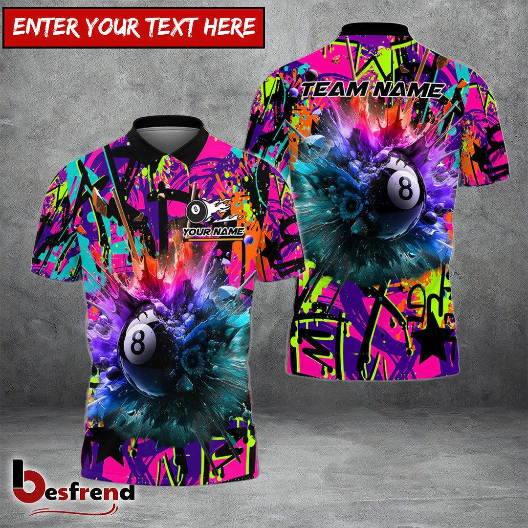 Besfrend  Billiards 8 Ball Graffiti Explosion Paint Personalized Name Team Name Unisex Shirt  4 Colors