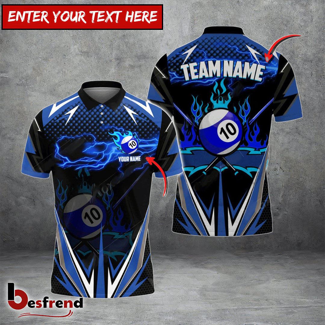 Besfrend  Billiards Ball 10 Blue Fire Personalized Name Team Name Unisex Shirt