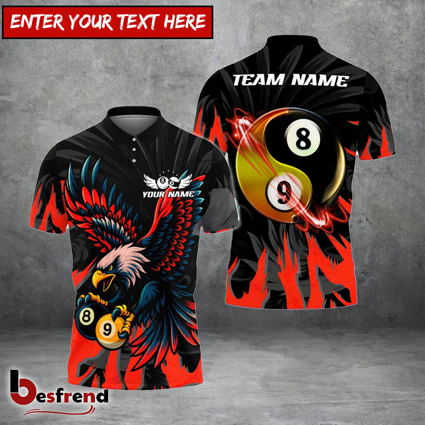 Besfrend  Billiards Ball 89 Yinyang Eagle Flame Personalized Name Shirt 4 Colors