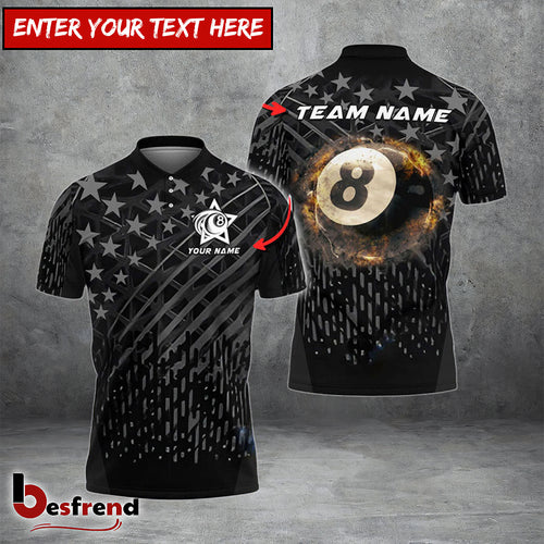 Besfrend  Billiards Ball 8 And 9 Fire Black US Flag Personalized Name Team Name Unisex Shirt  2 Colors
