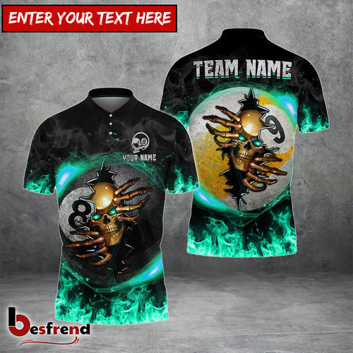 Besfrend  Billiards Ball 8 And 9 Fire Skull Crack Personalized Name Team Name Unisex Shirt  6 Colors