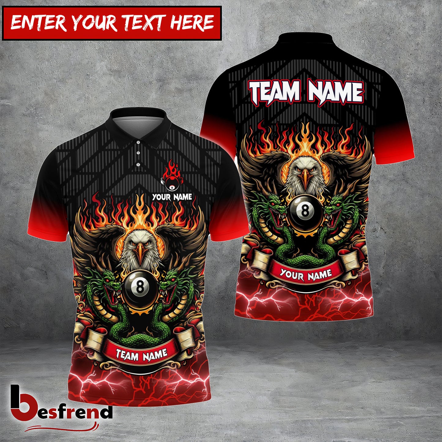 Besfrend  Billiards Ball 8 Eagle Dragon Personalized Name Team Name Unisex Shirt 4 Colors