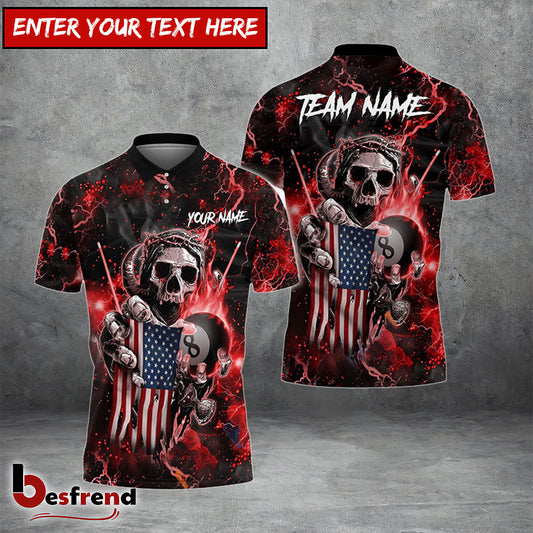 Besfrend  Billiards Ball 8 Fire Skull US Flag Personalized Name Team Name Unisex Shirt  6 Colors