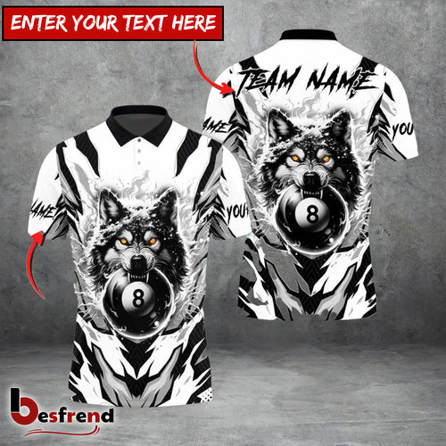 Besfrend  Billiards Ball 8 Flame Wolf White Personalized Name Team Name Unisex Shirt