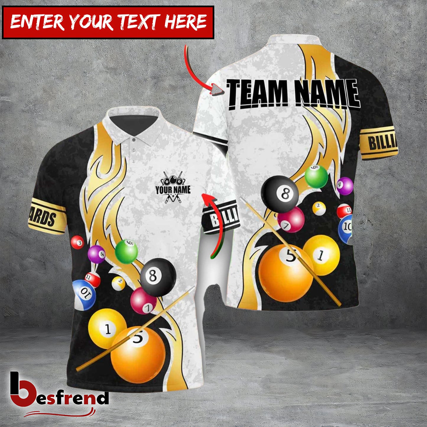Besfrend  Billiards Ball 8 Metallic Flame Pattern Personalized Name Shirt 4 Colors
