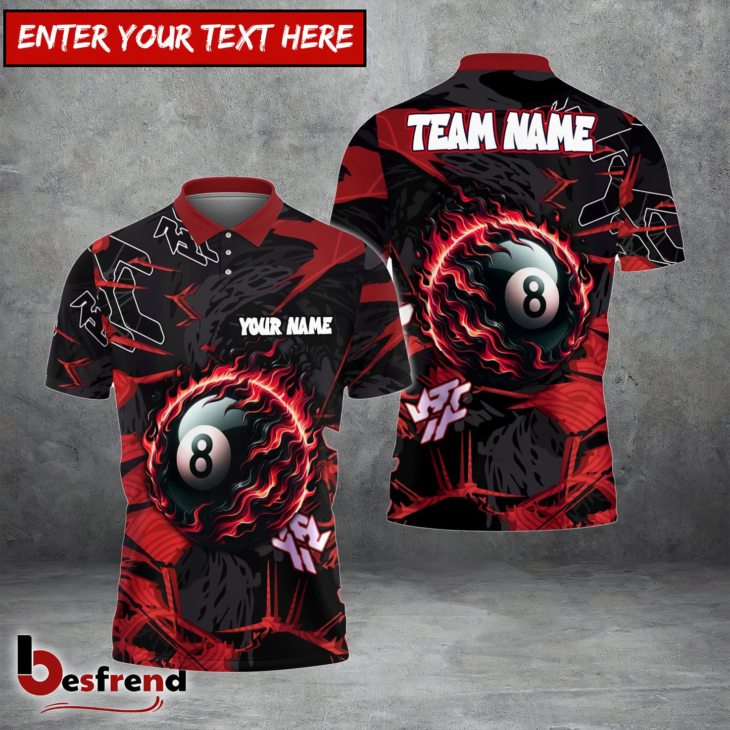 Besfrend  Billiards Ball 8 Pool Flame Personalized Name Team Name Unisex Shirt 4 Colors