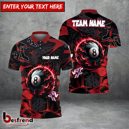 Besfrend  Billiards Ball 8 Pool Flame Personalized Name Team Name Unisex Shirt 4 Colors
