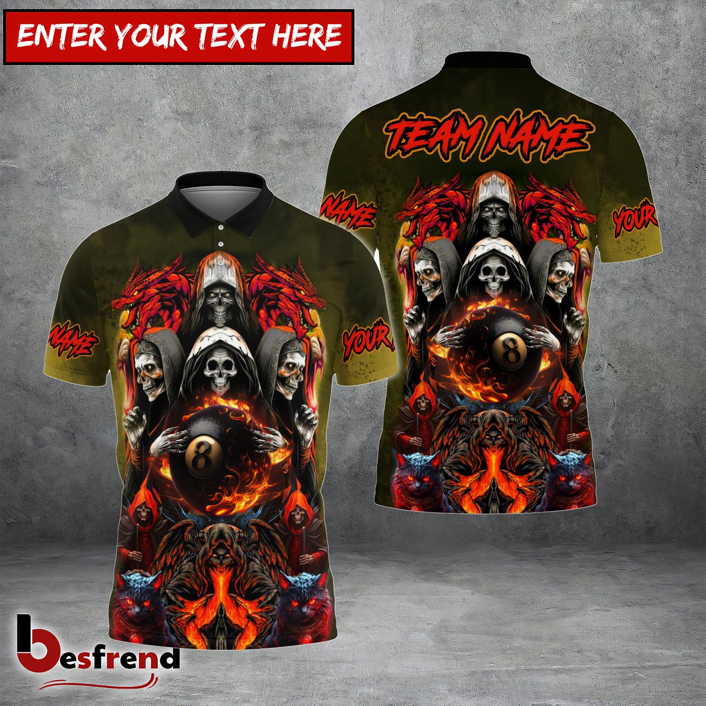 Besfrend  Billiards Ball 8 Pool Skull Dragon Personalized Name 3D Shirt