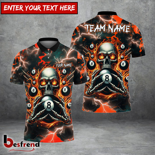Besfrend  Billiards Ball 8 Pool Skull Fire Thunder Personalized Name 3D Shirt