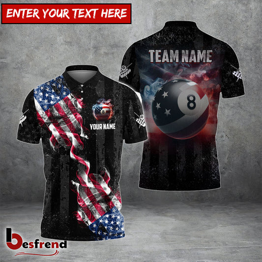 Besfrend  Billiards Ball 8 Pool Smoke US Flag Personalized Name Team Name Unisex Shirt
