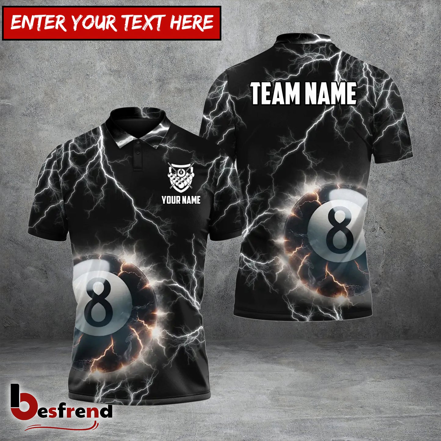 Besfrend  Billiards Ball 8 Pool Thunder Lightning Personalized Name And Team Name Shirt