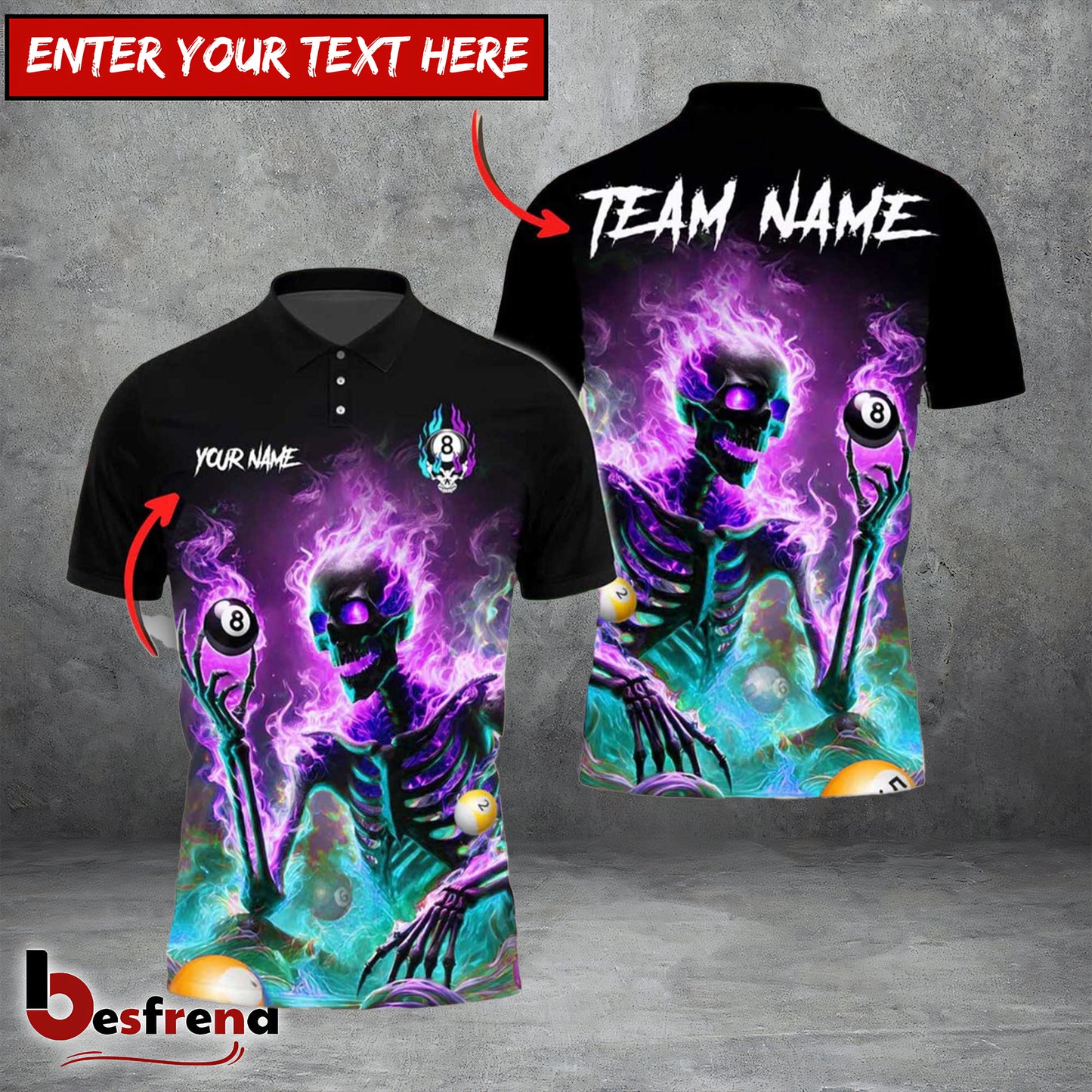 Besfrend  Billiards Ball 8 Skeleton On Fire Personalized Name Shirt 4 Colors 1