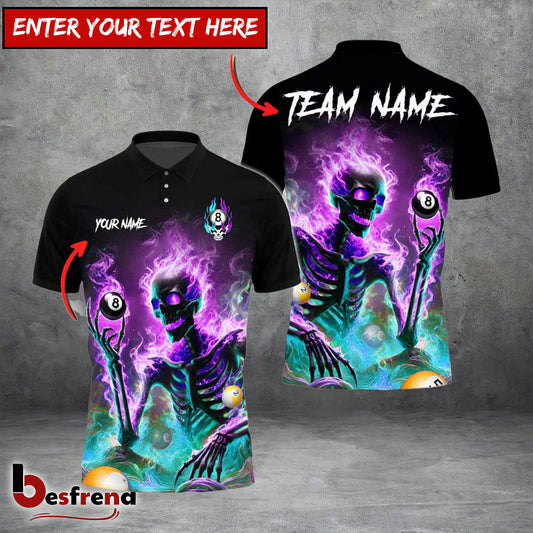 Besfrend  Billiards Ball 8 Skeleton On Fire Personalized Name Shirt 4 Colors 1