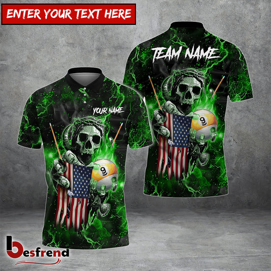 Besfrend  Billiards Ball 9 Fire Skull US Flag Personalized Name Team Name Unisex Shirt  6 Colors