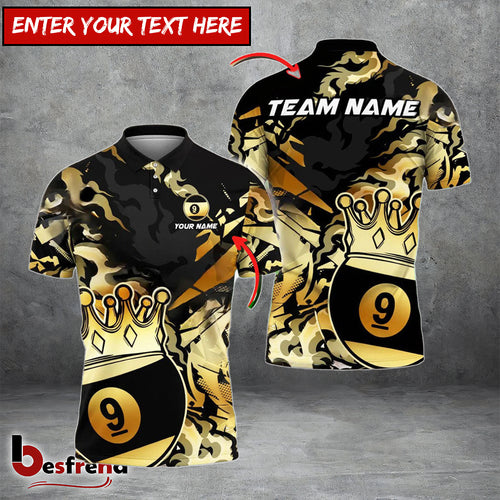 Besfrend  Billiards Ball 9 King Crown Golden Pattern Personalized Name  Team Name Shirt 4 Colors