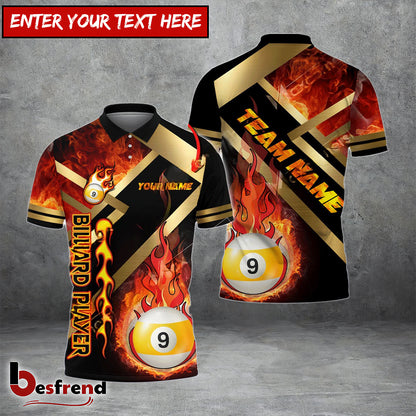 Besfrend  Billiards Ball 9 Metal And Fire Flame Personalized Name Team Name Unisex Shirt  4 Colors