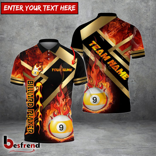 Besfrend  Billiards Ball 9 Metal And Fire Flame Personalized Name Team Name Unisex Shirt  4 Colors