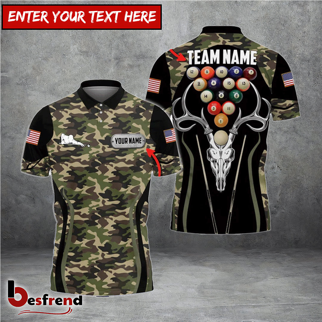 Besfrend  Billiards Camo Pattern USA Flag Personalized Name Team Name Unisex Shirt