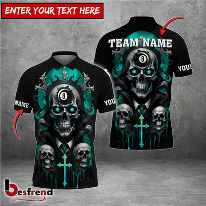Besfrend  Billiards Crack Ball 8 Skull Personalized Name Team Name Unisex Shirt 4 Colors