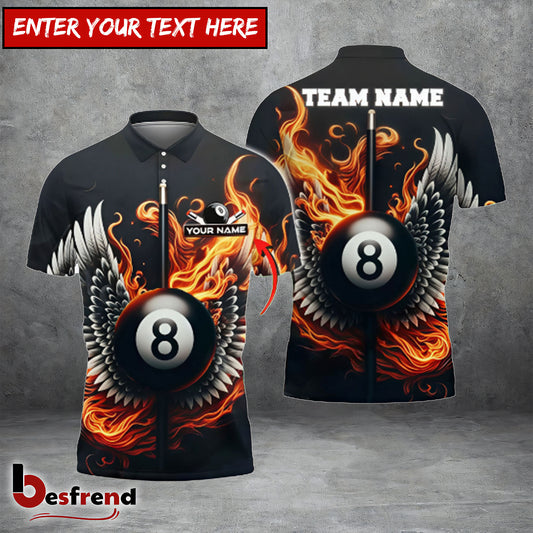 Besfrend  Billiards Flaming Wings 8-Ball Personalized Name Shirt 4 Colors