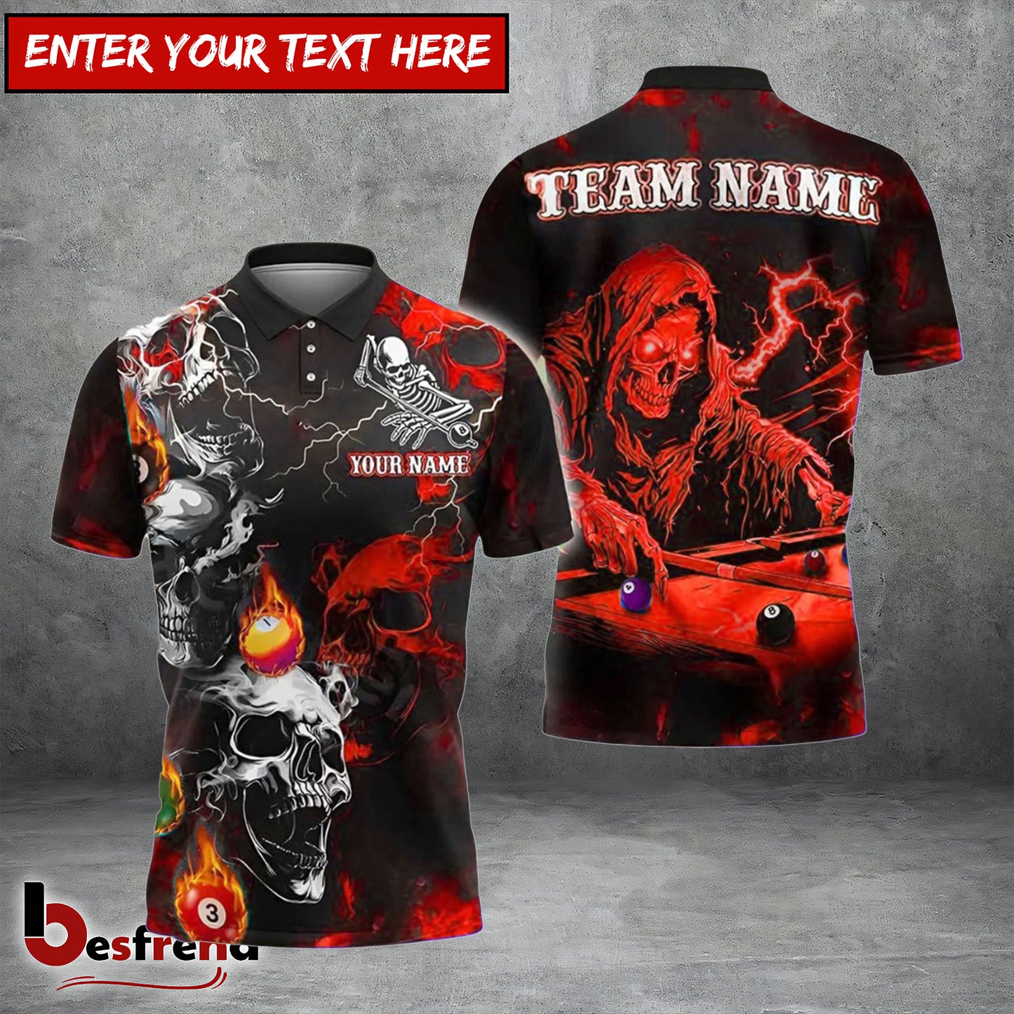 Besfrend  Billiards Grim Reaper Skull Storm Personalized Name Shirt 4 Colors