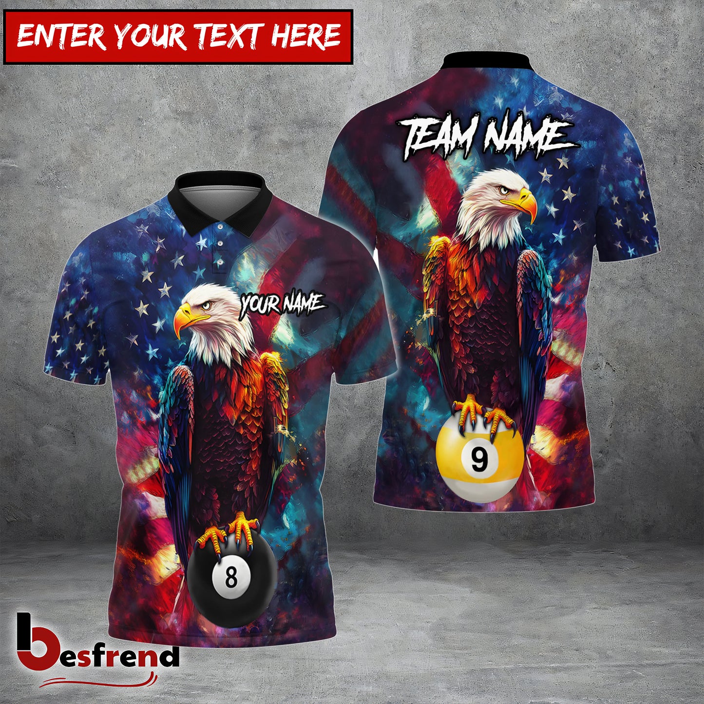 Besfrend  Billiards Patriot’s Pool 8 ball and 9 ball Customized Name Team Name 3D Shirt