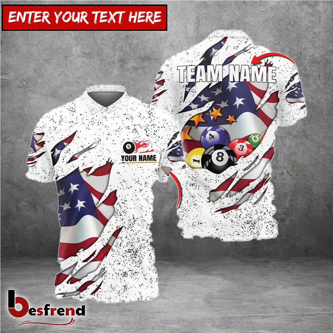 Besfrend  Billiards USA Flag White Personalized Name Team Name Unisex Shirt