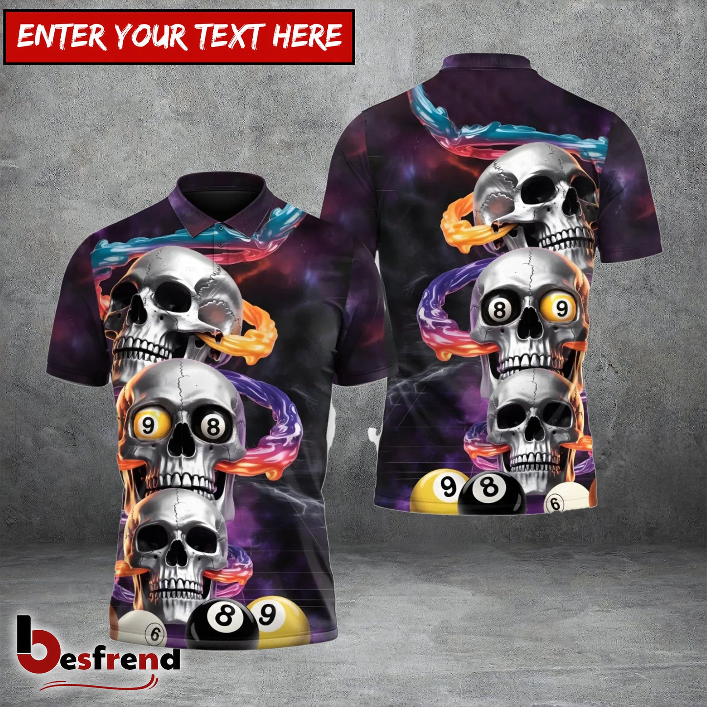 Besfrend  Dark Skull 8 Ball 9 Ball Billiards Custom Polo Team Shirt