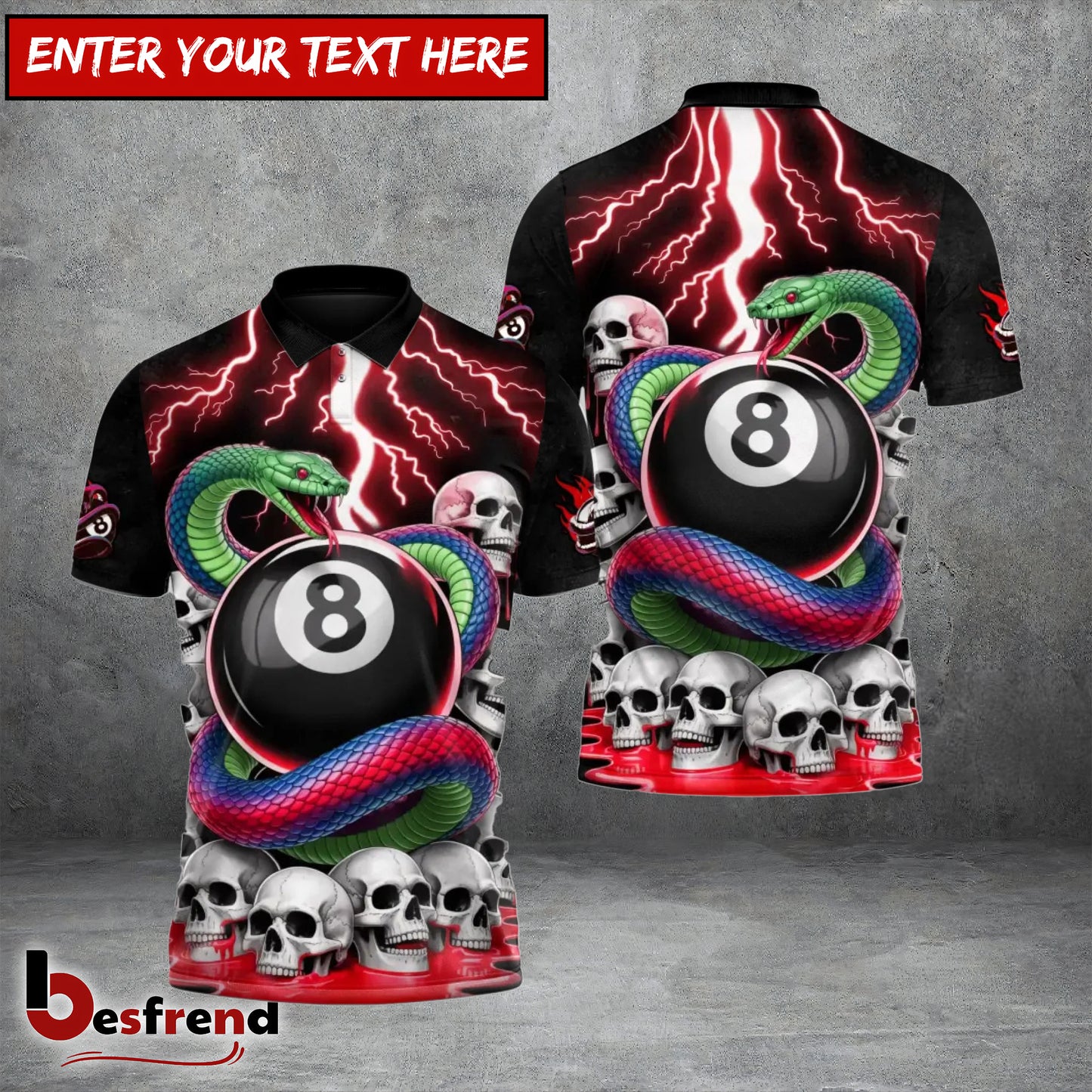 Besfrend  Lightning Snake Skull 8 Ball Billiards Custom Polo Team Shirt