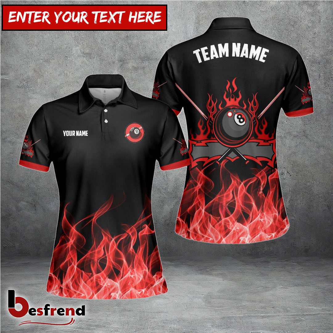 Besfrend  Personalized Billiards 8-Ball Red Fire Pattern Women Polo Shirt