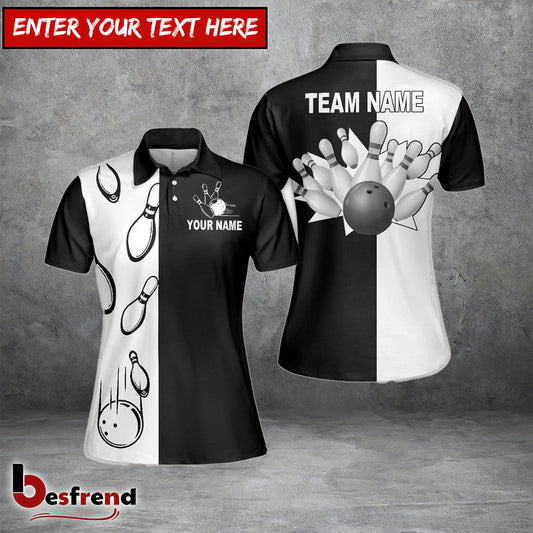 Besfrend s Bowling Black And White Customized Name Team Name 3D Shirt for Women